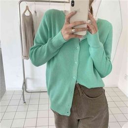Cardigan Women Open Stitch Green O-neck Elegant Vintage Korean Style Streetwear Leisure Outwear Spring Sweater Coat Daily Womens 210529
