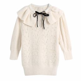 Spring Women Ruffled Collar Beading Knitting Short Sweater Female Three Quarter Sleeve Pullover Casual Lady Loose Tops SW1163 210430