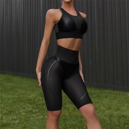 2 Piece Women Sexy Stitching Fabric Fitness Sports Suit High Waist Biker Bra Padded Quick Drying GYM Workout Sportwear Yoga Set 210802