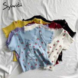 Syiwidii Y2k Knitted Cardigan Crop Top Sweater Woman Lace Flower Print Summer Cropped Tanks Colourful Tee White Red Blue 210714