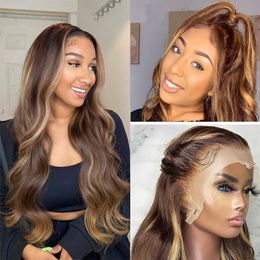 Highlight Wigs Brazilian Virgin Human Hair Glueless 13X4 Transparent Lace Front Body Wave Wig 4/27 Ombre Brown Coloured 150 Density