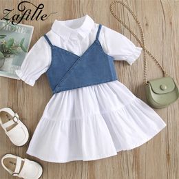 ZAFILLE Stylish Girl's Party Dress Solid Girl Denim T-shirts Lace Up Top and Girl White Dress Toddler Kids Children's Clothing Q0716