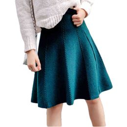 Autumn Winter Knitted Skirt Women Midi High Waist A Line Knit Skirts One-pieces Seamles Pleated Elastic Thick Faldas 211119