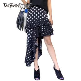 Asymmetrical Print Dot Skirt For Women High Waist Irregular Hem Midi Hit Colour Skirts Female Fashion Clothing 210521