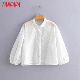 Women White Dots Blouse Short Style Fashion Mesh Patchwork Transparent Long Sleeve Shirts Female Chic Tops QJ104 210416