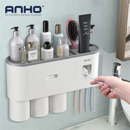 Toothbrush Holder Wall Automatic Toothpaste Squeezer Dispenser Magnetic Adsorption Inverted Cup Storage Rack Bathroom Accessorie 211130