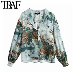 TRAF Women Elegant Fashion Floral Print Loose Blouses Vintage Lapel Collar Long Sleeve Female Shirts Blusas Mujer Chic Tops 210415