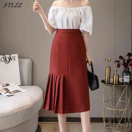 Summer Women Asymmetrical Pleated Skirts High Waist Casual Female Solid Colour Office Lady Black Medium 210430