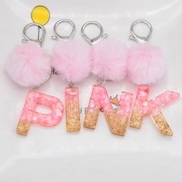 Fur Pompom Gold Pink Gradient Letter Keychain English Alphabet Key ring with Plush Ball Glitter Resin Car Handbag Charms Gift