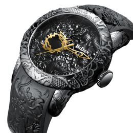 BIDEN Elegant Design Quartz Watch Men Luxury Watches Mens Top Brand Big Dial 3D Sculpture Dragon Watch Wristwatch Steampunk Style Iced Out Clock