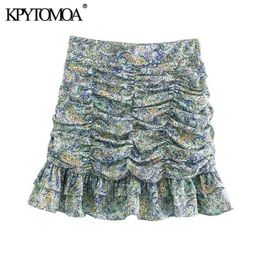 KPYTOMOA Women Chic Fashion With Ruffled Pleated Printed Mini Skirts Vintage High Waist Back Zipper Female Mujer 210621