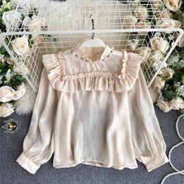 Style Blouse Women's Autumn Dress Retro Heavy Beaded Small Stand-up Collar Sweet Shirt Women GX1469 210507