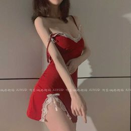 WOMENGAGA Red Lace Mesh Bow Sexy Korea Plus Size Women Party Mini Tank Summer Strap Dress Dresses For Kawaii Clothes ADG8 210603