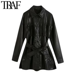 TRAF Women Fashion With Belt Tassel Faux Leather Jacket Coat Vintage Long Sleeve Snap-button Female Outerwear Chic Tops 210415