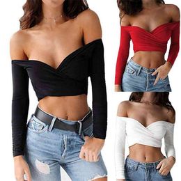 Women T-Shirt Spring Autumn Female Fashion Sexy Deep Neck Off-the-Shoulder Tops Elegant Ladies Long Sleeve Girl Casual Clothing 210522