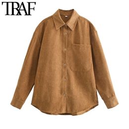 TRAF Women Fashion With Pockets Oversized Corduroy Blouses Vintage Long Sleeve Snap-button Female Shirts Chic Tops 210415