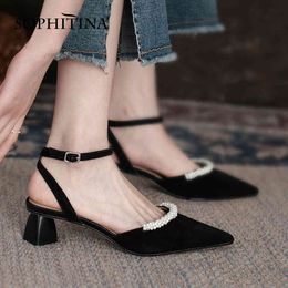 SOPHITINA Sandals Women Concise Summer Pearl String Bead Leather Sandals Strange Style Ankle Strap Elegant Lady Shoes AO878 210513