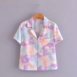 Fashion Women Lapel Short Sleeve T-shirt Vintage Casual Tie-dye Printing Loose with Pocket Single-breasted Chic Female Tops 210507