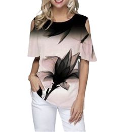 Summer T-shirts 5XL Plus Size Women Fashion O Neck Off Shoulder 3D Floral Print Tees Casual Loose Short Sleeve Female Tops 210522