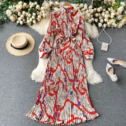 SINGREINY Vintage Print Pleated Maxi Dress Women Stand Collar Puff Sleeve Lace up A-line Dress Autumn French Holiday Long Dress 210419