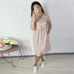 Women Summer Casual Straight Striped Dress Short Sleeve Turn-down Collar Knee Length Dress Female Buttons Dress Vestidos 210409