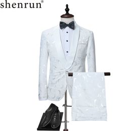 Shenrun Men Tuxedo Casual Suit White Floral Suits Shawl Lapel Suits Jackets One Button Party Wedding Groom Party Prom Costume X0909