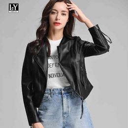 Ly Varey Lin Autumn Women Pu Faux Leather Short Jacket Slim Black Punk Motorcycle Coats Lady Turn-down Collar 210526