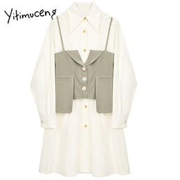 Yitimuceng Patchwork Button Dress Women A-Line Mini White Spring Square Collar Long Sleeve High Waist Clothes Office Lady 210601