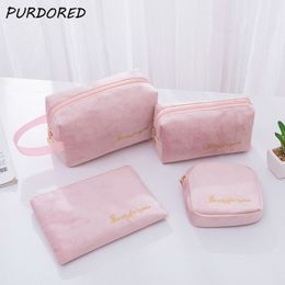 PURDORED 3 Pcs/set Velvet Cosmetic Bag Set Solid Women Makeup Bag Organiser Travel Toiletry Wash Bag Kit Neceser Kosmetyczka 220310