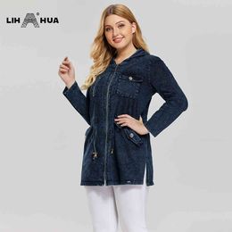 LIH HUA Women's Plus Size Casual Long Style Denim Jacket for Woman Premium Stretch Knitted with Shoulder Pads and Hat