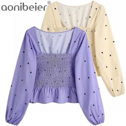 Black Heart Print Slim Sweet Girls School Crop Tops Summer Square Collar Shirred Body Women Casual Blouses Purple 210604