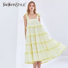 Patchwork Ruffle Elegant Female Dress Square Collar Sleeveless White Sling Dresses For Women Clothing 210520