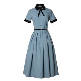 Women Turn Down Collar Khaki Blue Midi Dress Sash Plaid D1242 210514