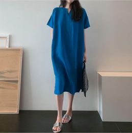 S-XL Summer Girls Women Cotton Linen Short Sleeve Dresses Female Dress Vintage Oversize Boho Robe Femme Vestido 210417