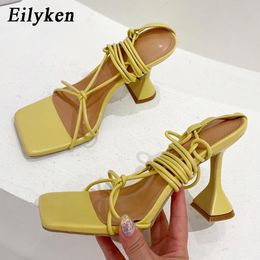 FFRT005 Best Quality Design Ankle Strap Sandals Classic Women Candy Colour Slides Square Heel Party Lace-Up Dress Summer Shoes Strange Sandals