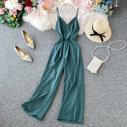 FMFSSOM Women Summer Strap Long Pants Jumpsuits Loose Sexy Beach Cami Overalls Boho Sleeveless Solid Chiffon Wide Leg Rompers Q0801