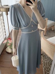 Elegant Vintage Women Solid Short Sleeve Party Dress Sexy V-Neck Midi Dress Summer Clothing Female 210515