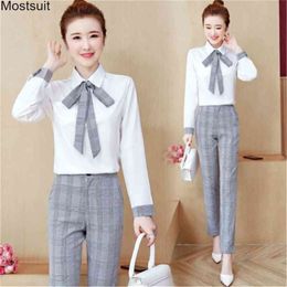 Spring Outfit Plus Size Women Office Two Piece Sets Long Sleeve Turn Down Collar Shirt Tops + Plaid Pants Set Suit Elegant 210513