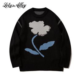 Men's Sweaters Harajuku Knitted Sweater Cartoon Flower Printed Pullovers Japan Style Long Sleeve Man Jersey Autumn Winter Jumpers