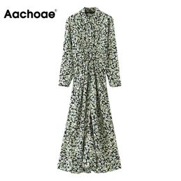 Aachoae Floral Print Long Maxi Dress Women Vintage Turn Down Collar Shirt Dress Office Ladies Long Sleeve Pleated Chic Dresses 210413