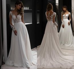 Exquisite Lace Appliqued A Line Chiffon Bridal Gowns Jewel Neck Shiny Sequins Illusion Long Sleeves Wedding Dresses Buttons Back Summer Beach Robes de Mariee AL9061