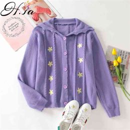 HSA Autumn Female Sweater Cardigan Women Long Sleeve Navy Collar Button Kawaii Floral Embroidered Harajuku 210430