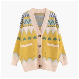 H.SA women sweater knitted long cardigan V neck Retro Vintage Geomertric Oversized Cardigans Button Up casaco feminino 210417
