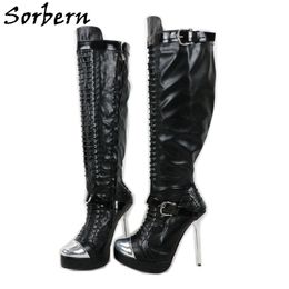 Sorbern Fashion Knee High Boots Stilettos Heels Platform Long Boot Lace Up Custom Wide Slim Fit Woman Shoes Big Size 16