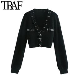 TRAF Women Fashion Faux Pearl Beading Cropped Knitted Cardigan Sweater Vintage Long Sleeve Female Outerwear Chic Tops 210415