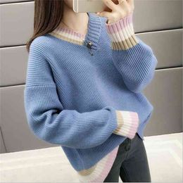 V-neck Sweater Female Loose Spring Style Wind Thick Wool Outside Wearing Bottoming Office Lady 210427