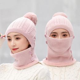 no knit scarf UK - Beanies Winter Hat Women's Knitted Scarf Set Outdoor Warm Thick Siamese Collar Female Windproof Cap With Earmuffs