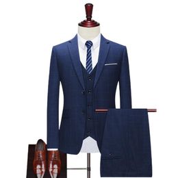 Luxury Men's Blue Check Wedding Casual Tuxedo Slim Suit 3pcs Quality Business Social Club Costume Homme Suits & Blazers
