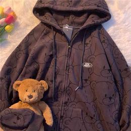 12345-Lillte bear Cartoon Vintage Spring and summer Sweatshirt Women Korean Zip Up Hoodie Fashion Clothe Hoodies 210809