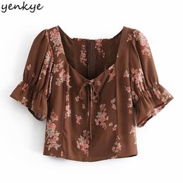 Vintage Floral Print Crop Top Women Sexy Square Neck Short Sleeve Blouse Fashion Lady Chic Summer Tops 210514